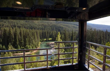 View of the Miette River, Alberta, from the GoldLeaf viewing platform on Rocky Mountaineer