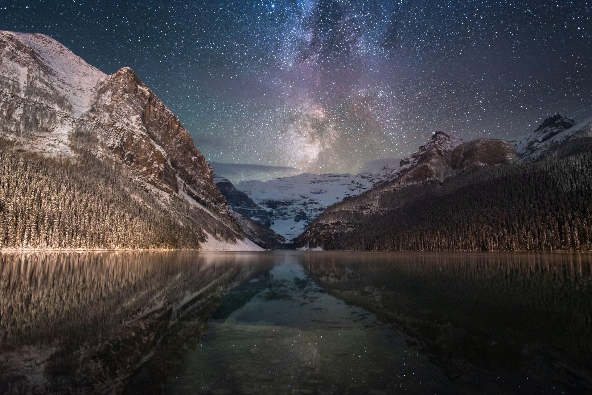 Milky way over the sky in rockies mountain Banff National Park alberta Canada Winter