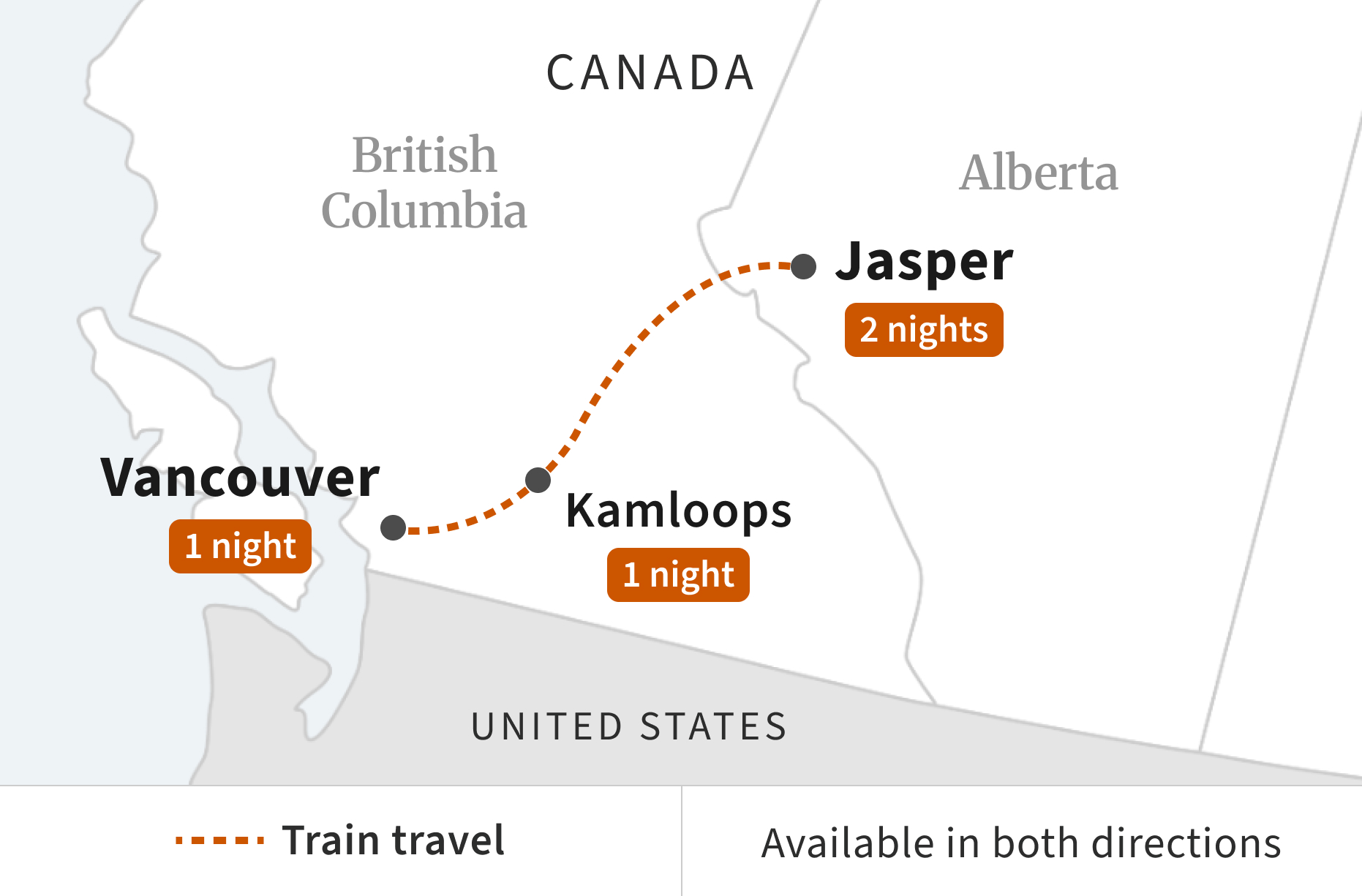Route map for Vancouver and Jasper Getaway
