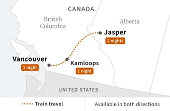 Route map for Vancouver and Jasper Getaway
