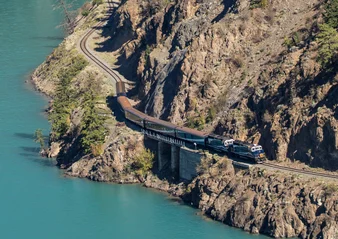 Rocky Mountaineer travelling along the Seton Lake on the Rainforest to Gold Rush route