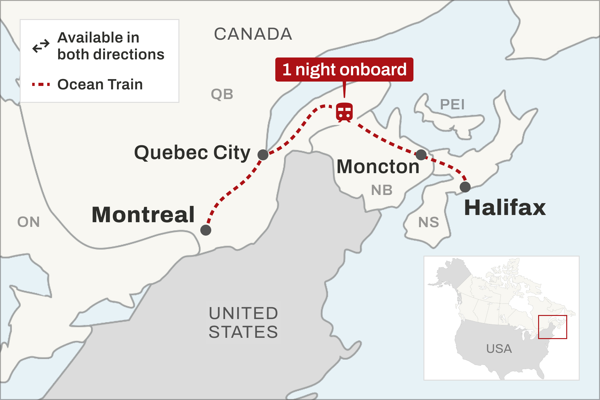 Route map of The Ocean train between Quebec and Nova Scotia in Canada