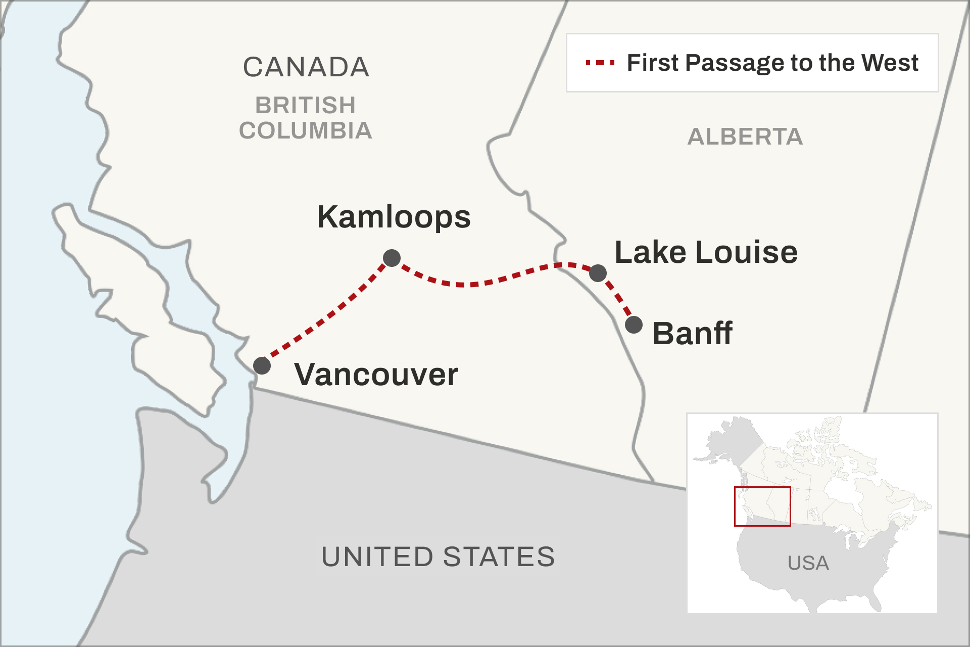 Route map for the Rocky Mountaineer from Vancouver to the Rockies