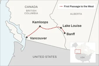 Route map for the Rocky Mountaineer First Passage to the West journey