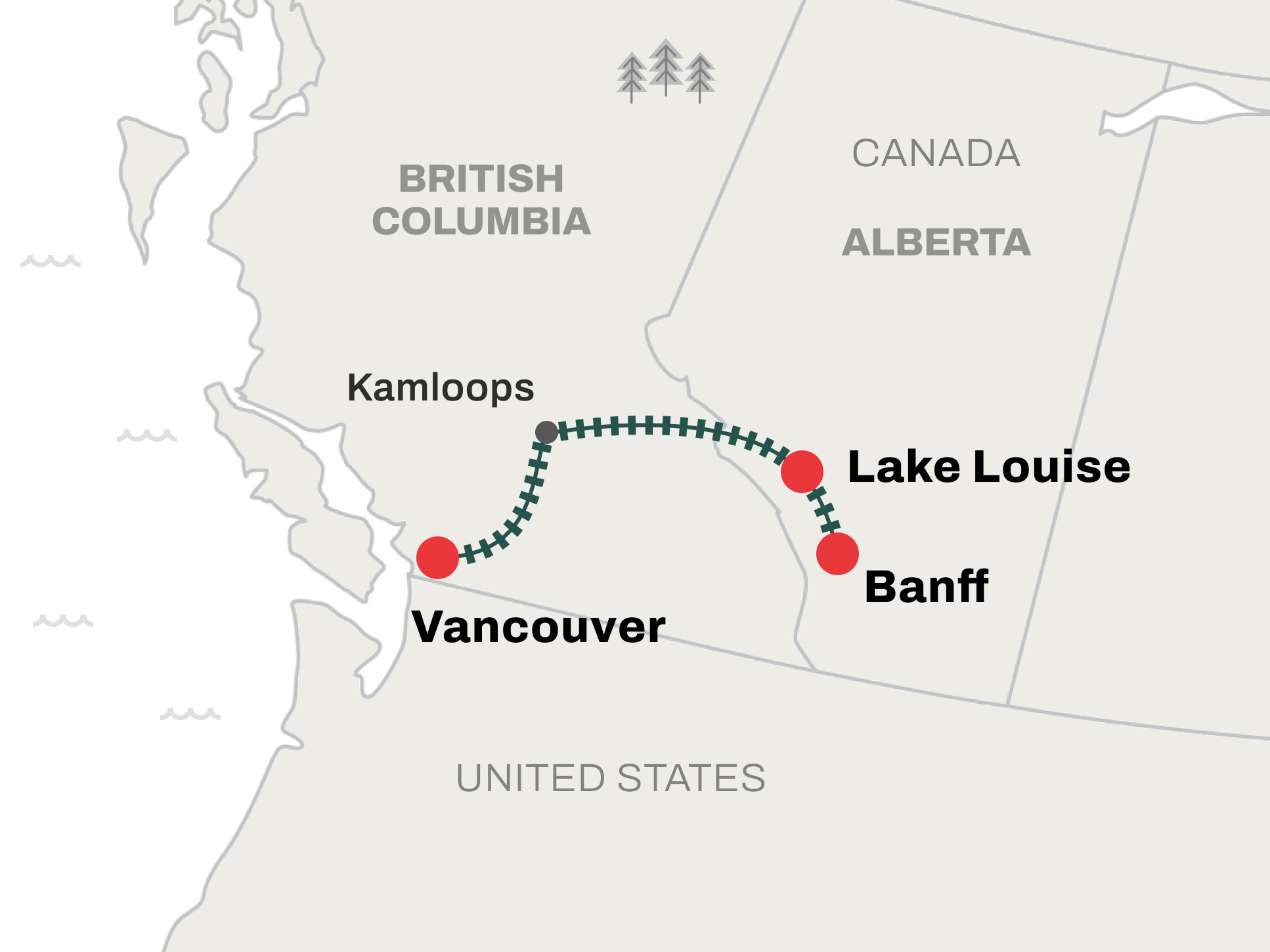 Rocky Mountaineer Vancouver to Banff train route map
