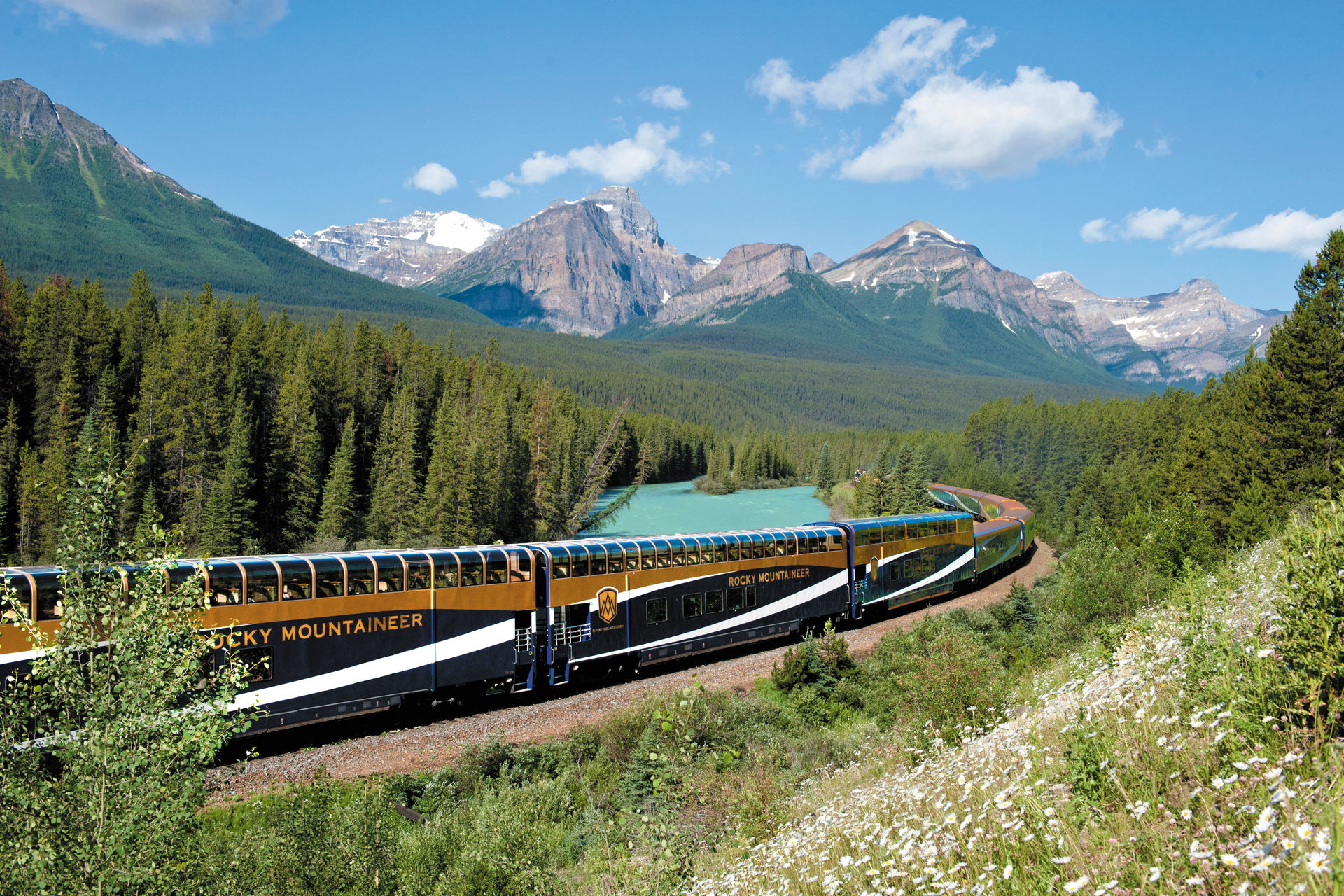 See the Rockies by train on Rocky Mountaineer or VIA Rail