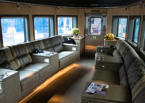 A lounge car in Prestige class service on the Canadian train