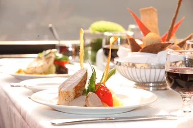 Close up of a plated lunch dish on a table in the GoldLeaf dining room