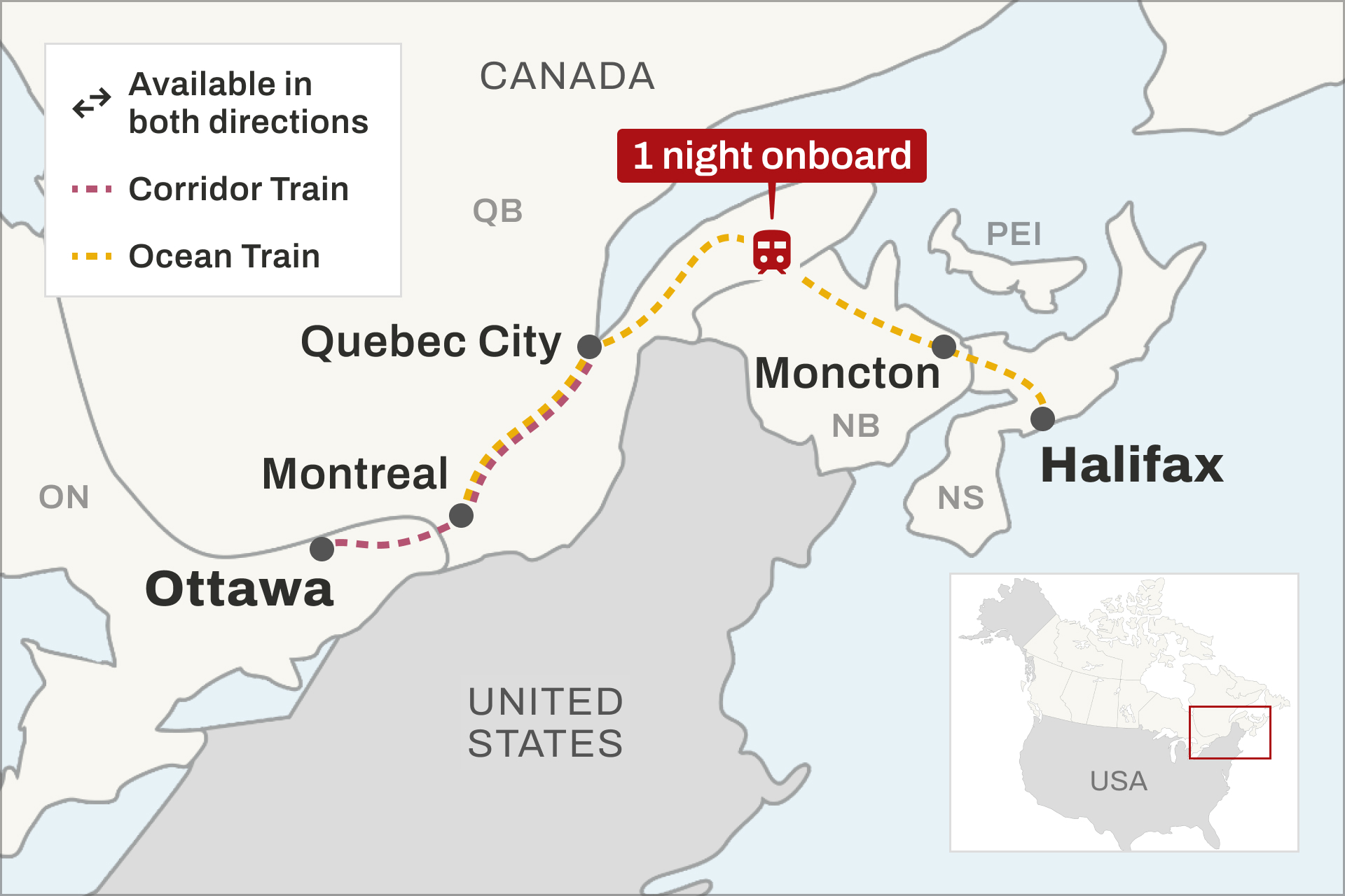 Route map for the train between Ottawa and Halifax