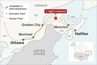 Route map for the train between Ottawa and Halifax