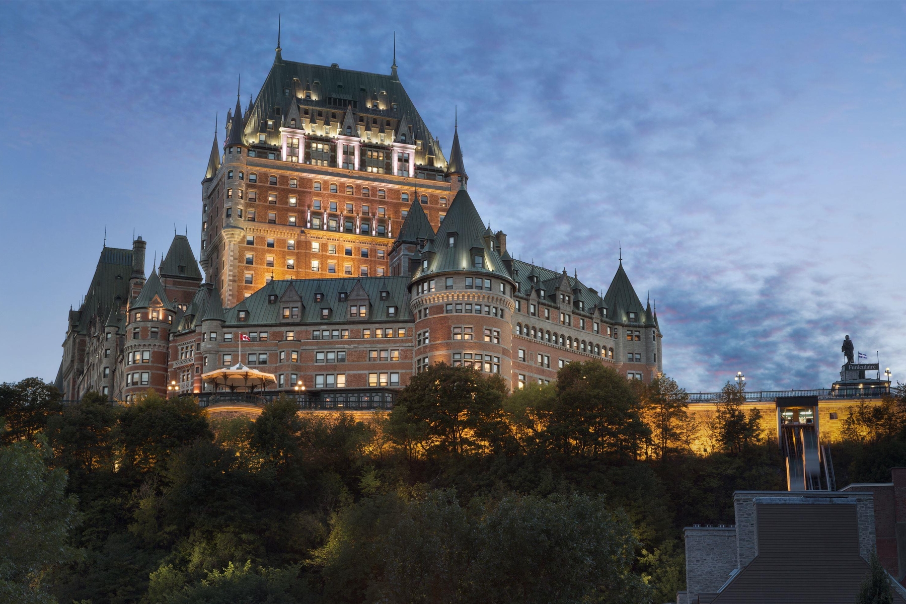 Exterior view of the Chateau Frontenac in the evening