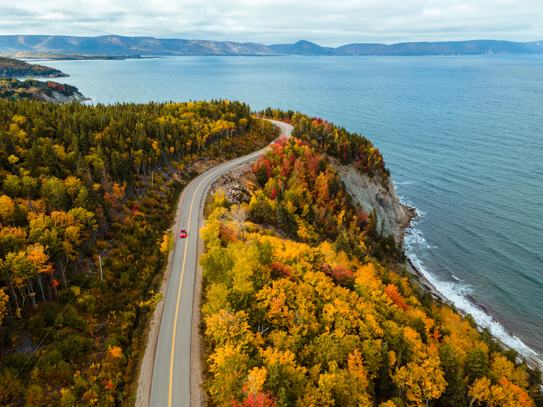 Road that oversees the ocean and golden fall foliage on Cape Breton Island, Canada. 