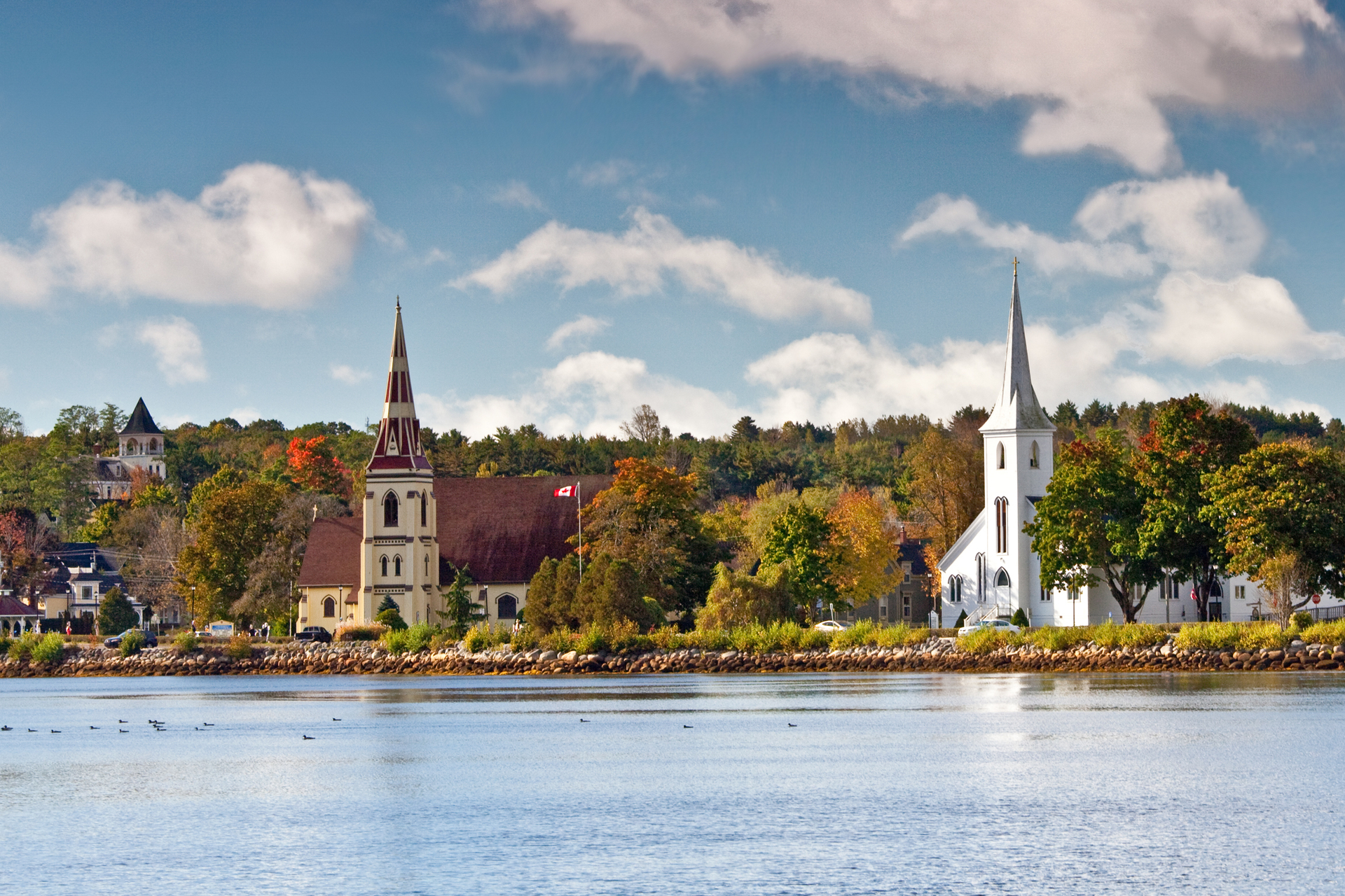 Three churches at Mahone Bay, Nova Scotia, Canada.