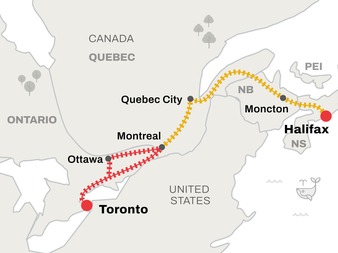 Route map of the Toronto to Halifax train journey