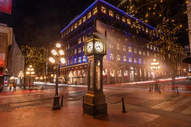 Long exposure shot of Gastown steam clock at night