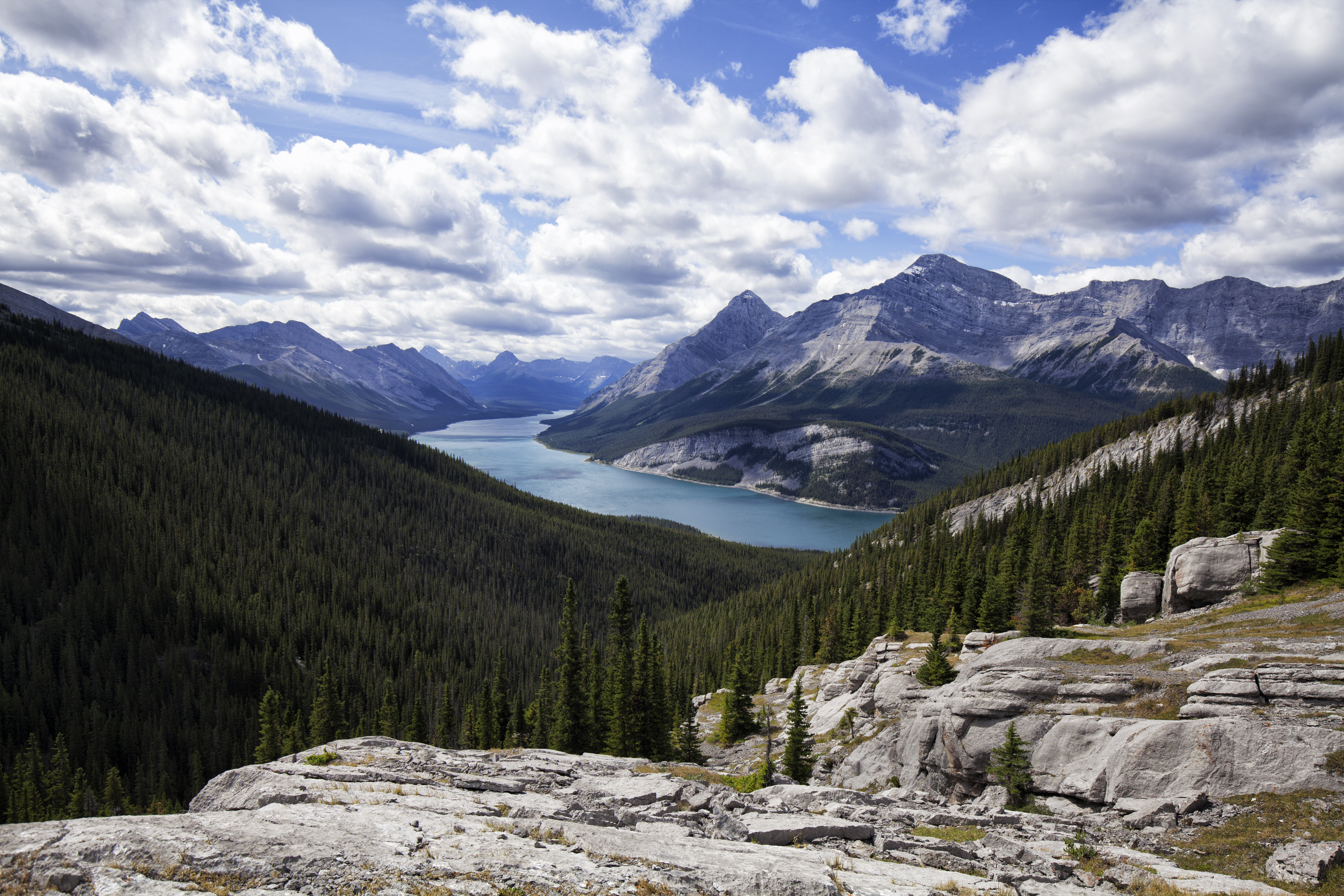 Spray Lakes viewed from top of West Wind Pass trail near Canmore on a sunny morning.