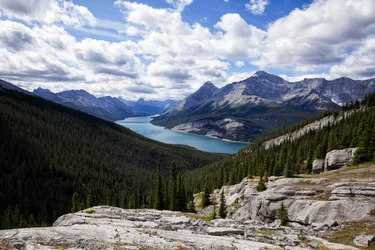 Spray Lakes viewed from top of West Wind Pass trail near Canmore on a sunny morning.