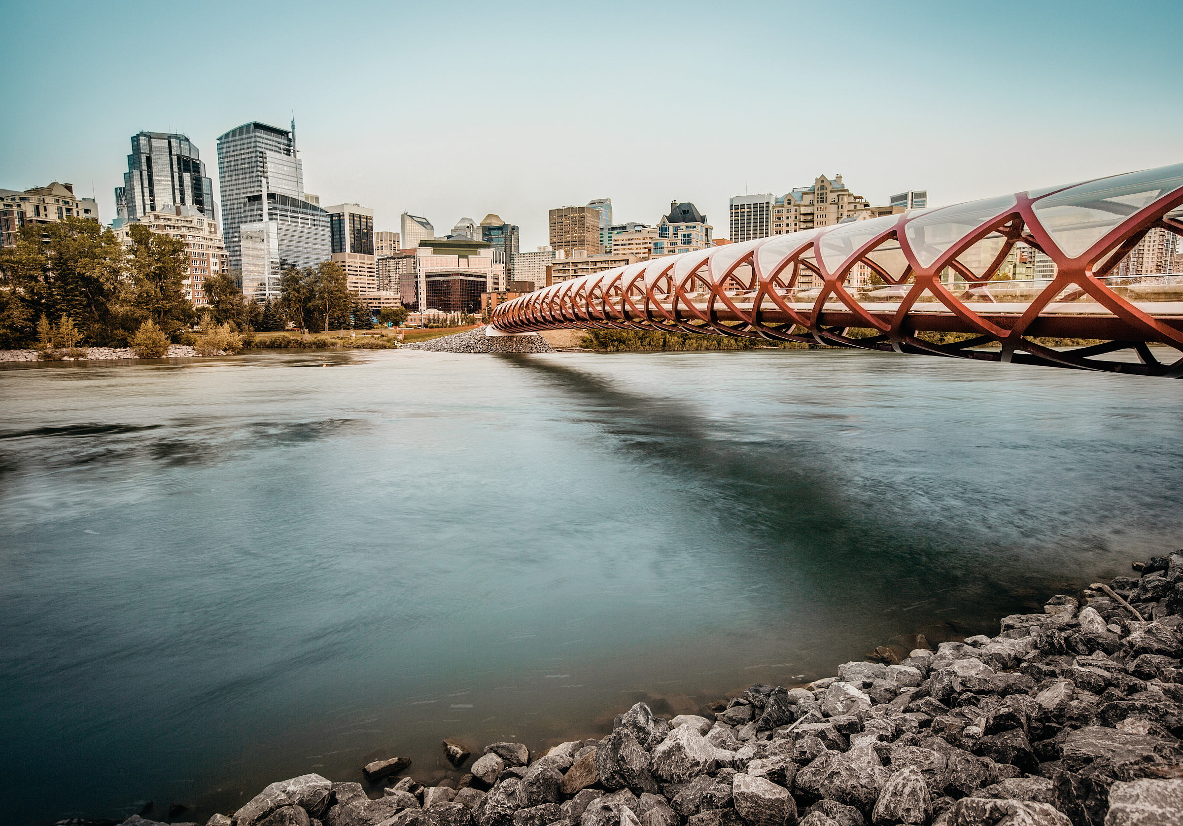 View of Peace Bridge over the river and downtown Calgary in the background
