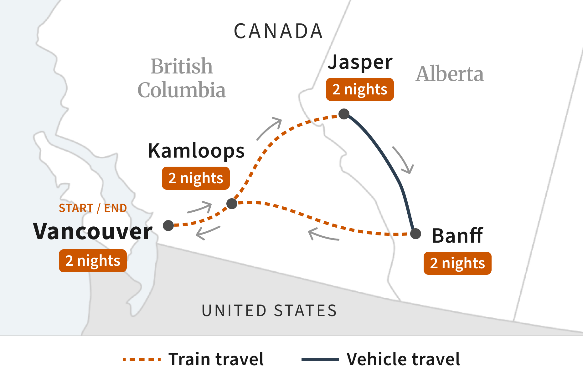 Route map for Circle the Rockies Extended Getaway
