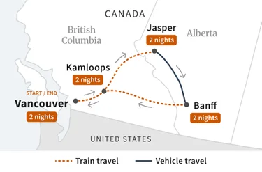 Route map for Circle the Rockies Extended Getaway