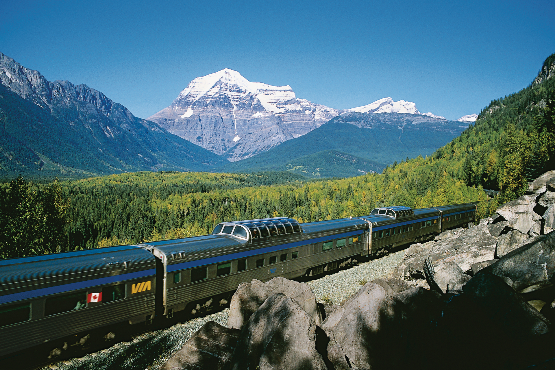 VIA Rail's Canadian Train going through the Rocky Mountains
