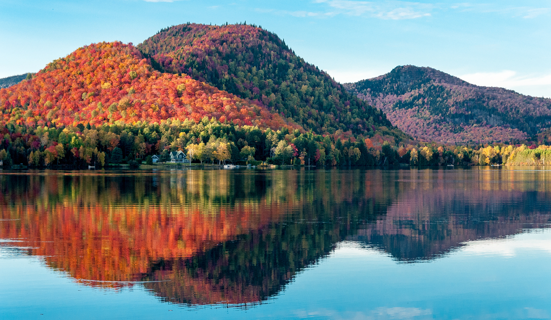 Laurentian Mountains with red maple forests, reflected in a lake in Canada during fall 