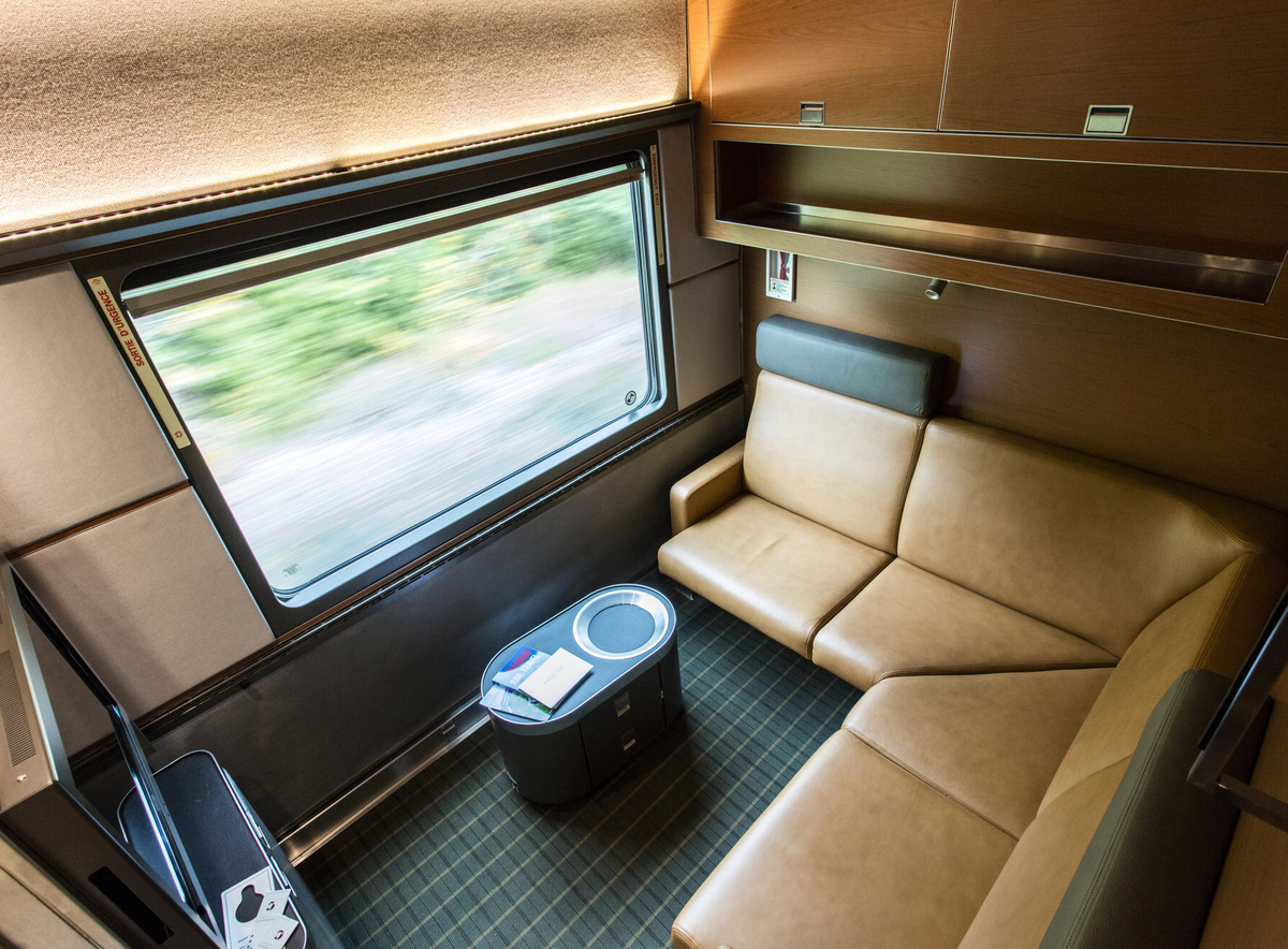 Inside the Prestige cabin, set up for day-use onboard the Canadian train