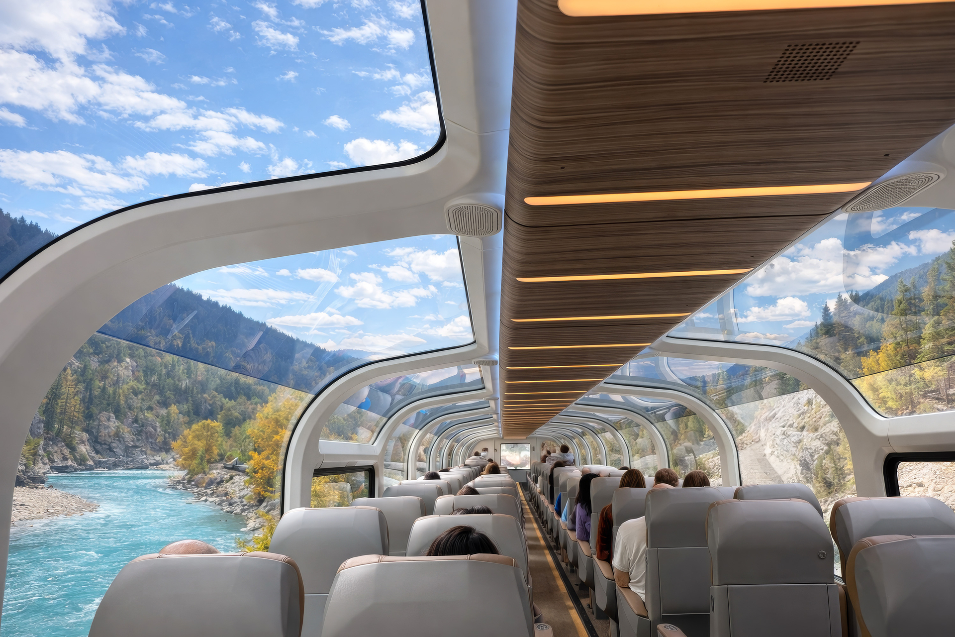 Interior view of Goldleaf glass-dome windows showing views of forest, river, and blue sky in the Canadian Rockies