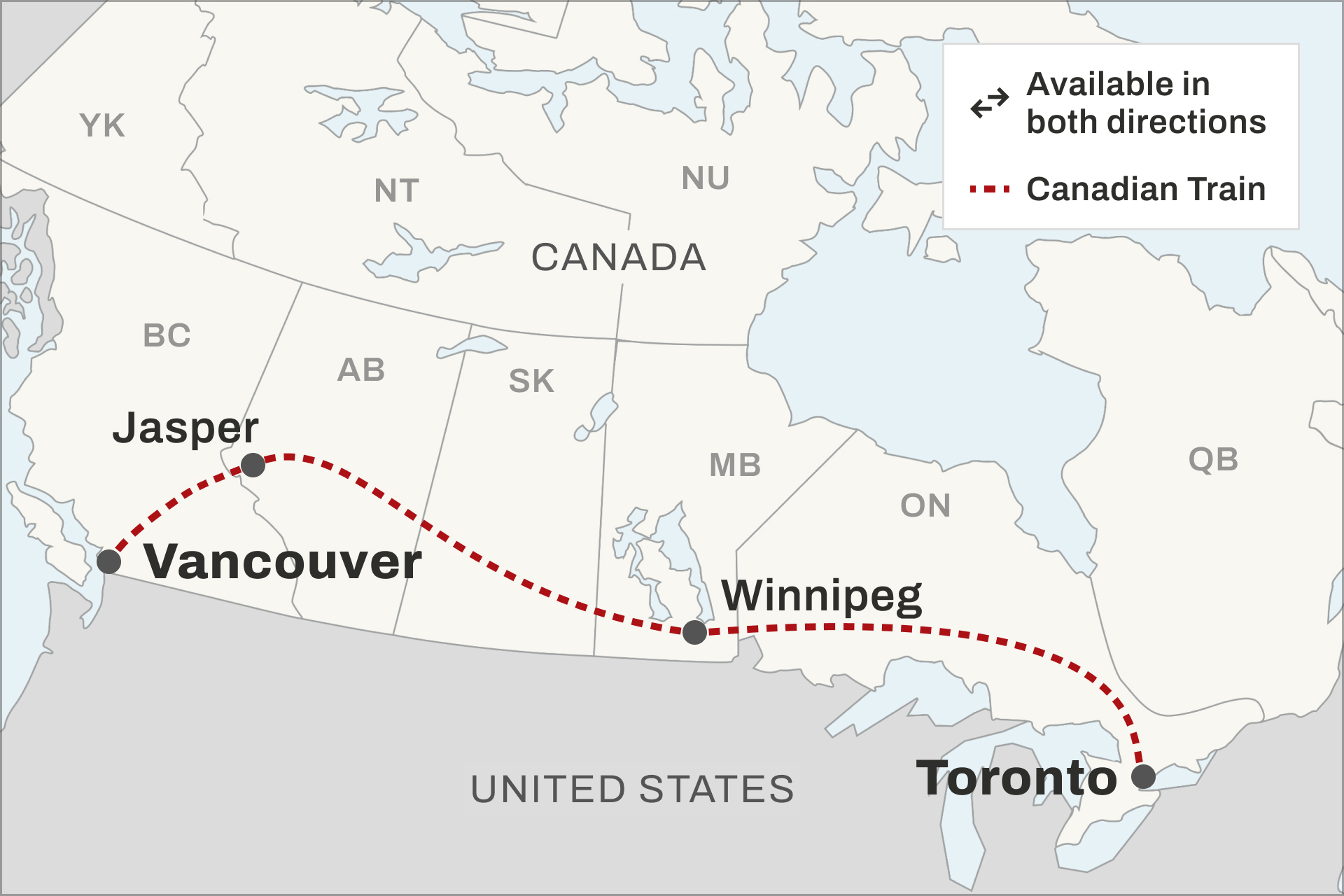 Route map of the Canadian train across Canada 