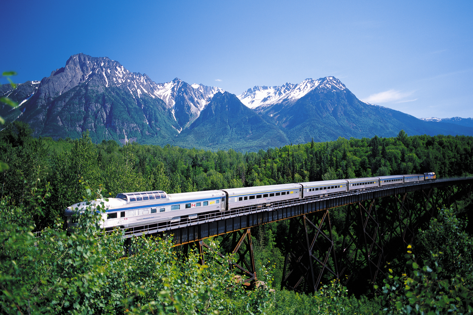 VIA Rail train going over the bridge through a forest in the mountains