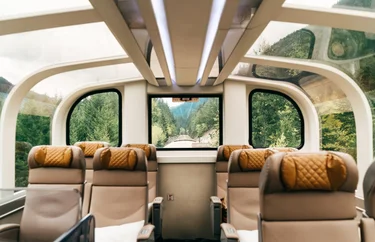 Luxury GoldLeaf dome car on a Rocky Mountaineer fall train route.