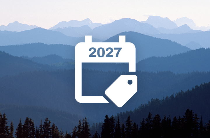 A 2027 calendar icon with a special offer tag over top of mountains