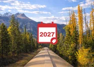The Rocky Mountaineer rolling through the mountains with a 2027 sales icon on top.