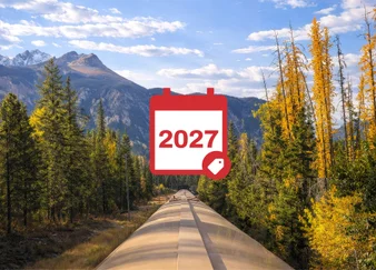 The Rocky Mountaineer rolling through the mountains with a 2027 sales icon on top.