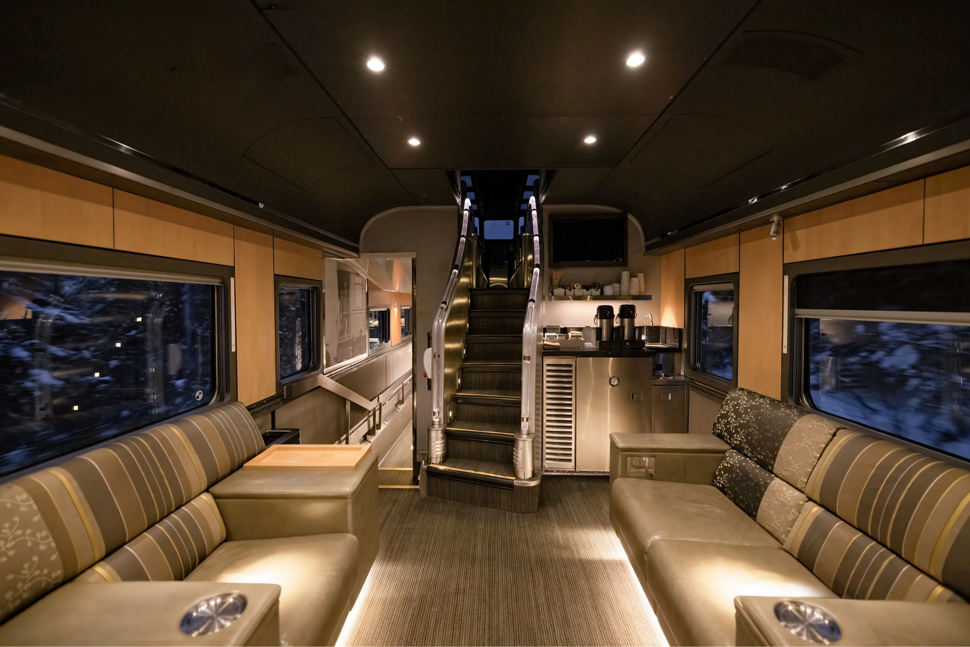 Stairs to Bullet Lounge located at back of Prestige Park car onboard VIA Rail's train, The Canadian