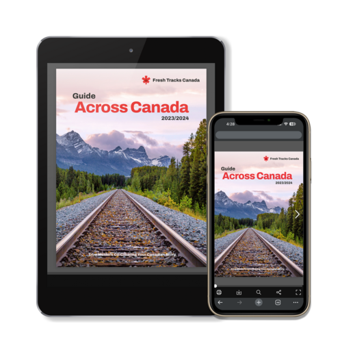 A Canadian Train Brochure on a Tablet and Mobile with mountains behind