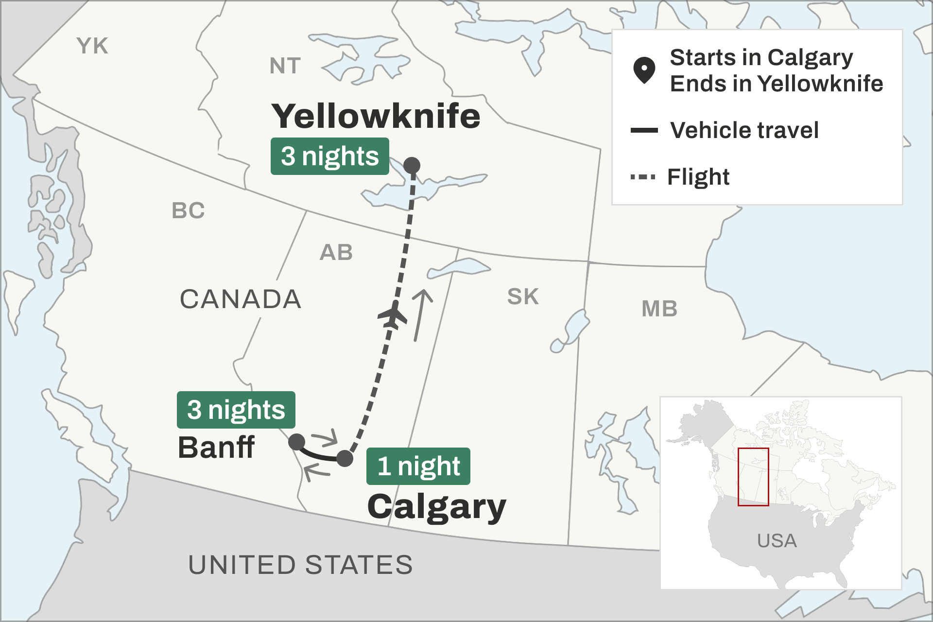 Route map between the Rockies and Yellowknife