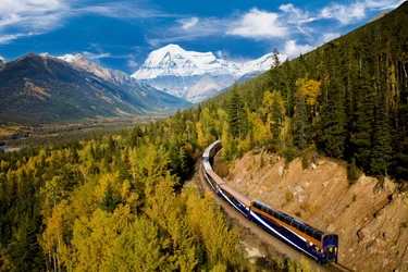 Rocky Mountaineer train passing through mountains