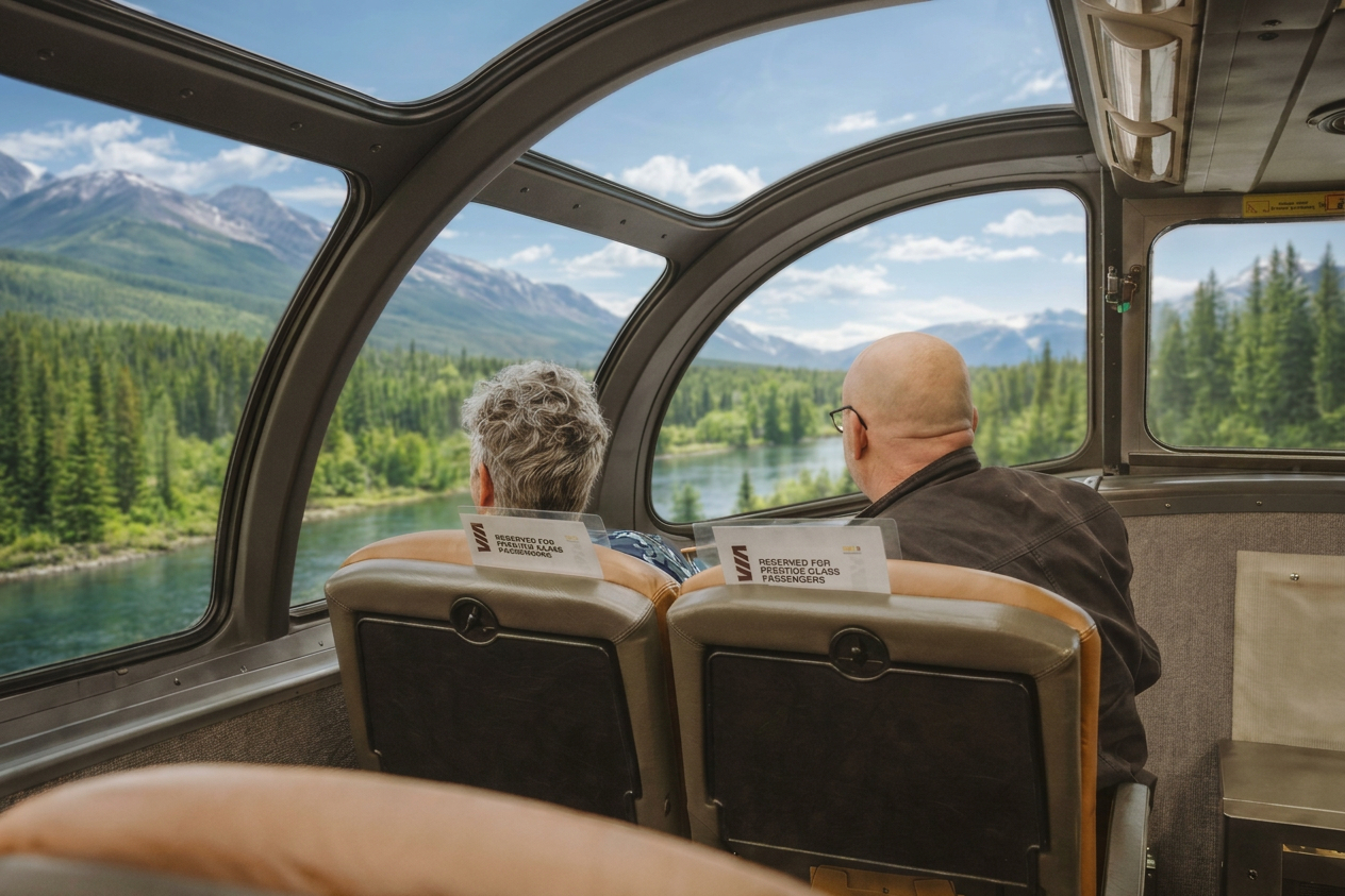 Passengers sit in Prestige Park car onboard VIA Rail's train, The Canadian, as it travels past snowy landscape in the Canadian Rocky Mountains from dome windows