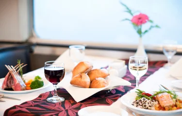 Dinner service in the dining car on the Canadian train.