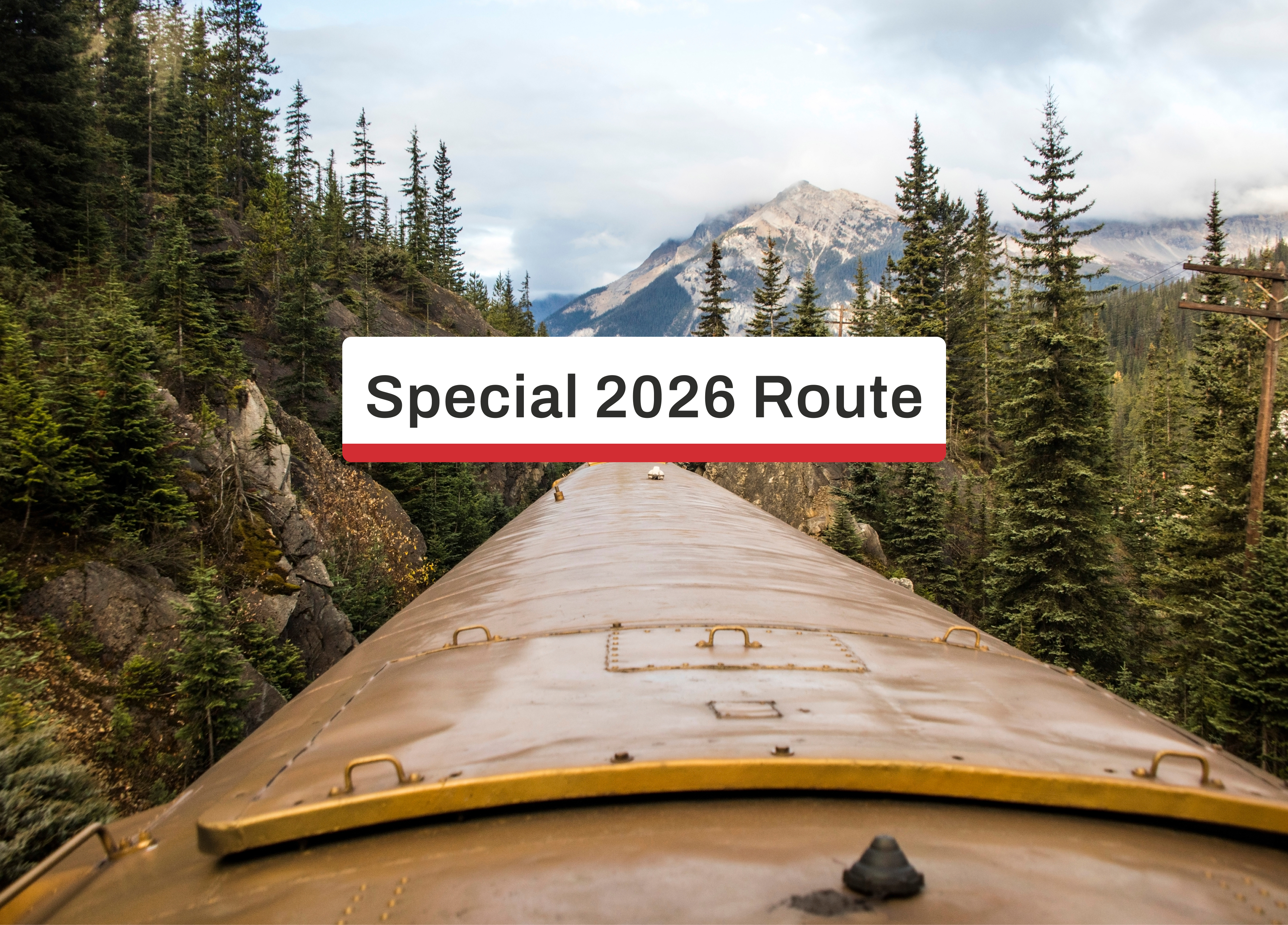 View of the top of the Rocky Mountaineer train travelling through the Canadian Rockies