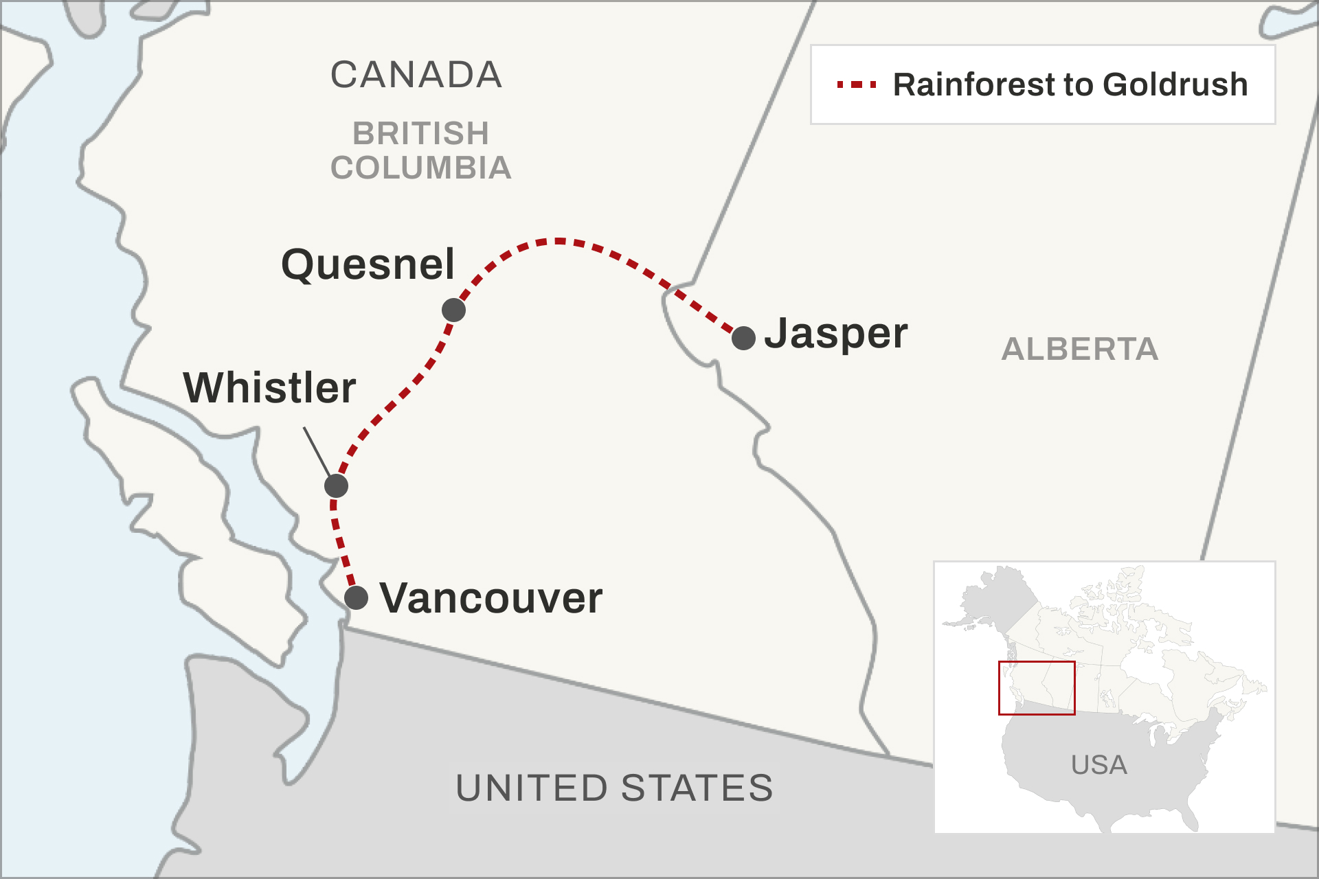 Route map for the Rocky Mountaineer from Vancouver to the Rockies