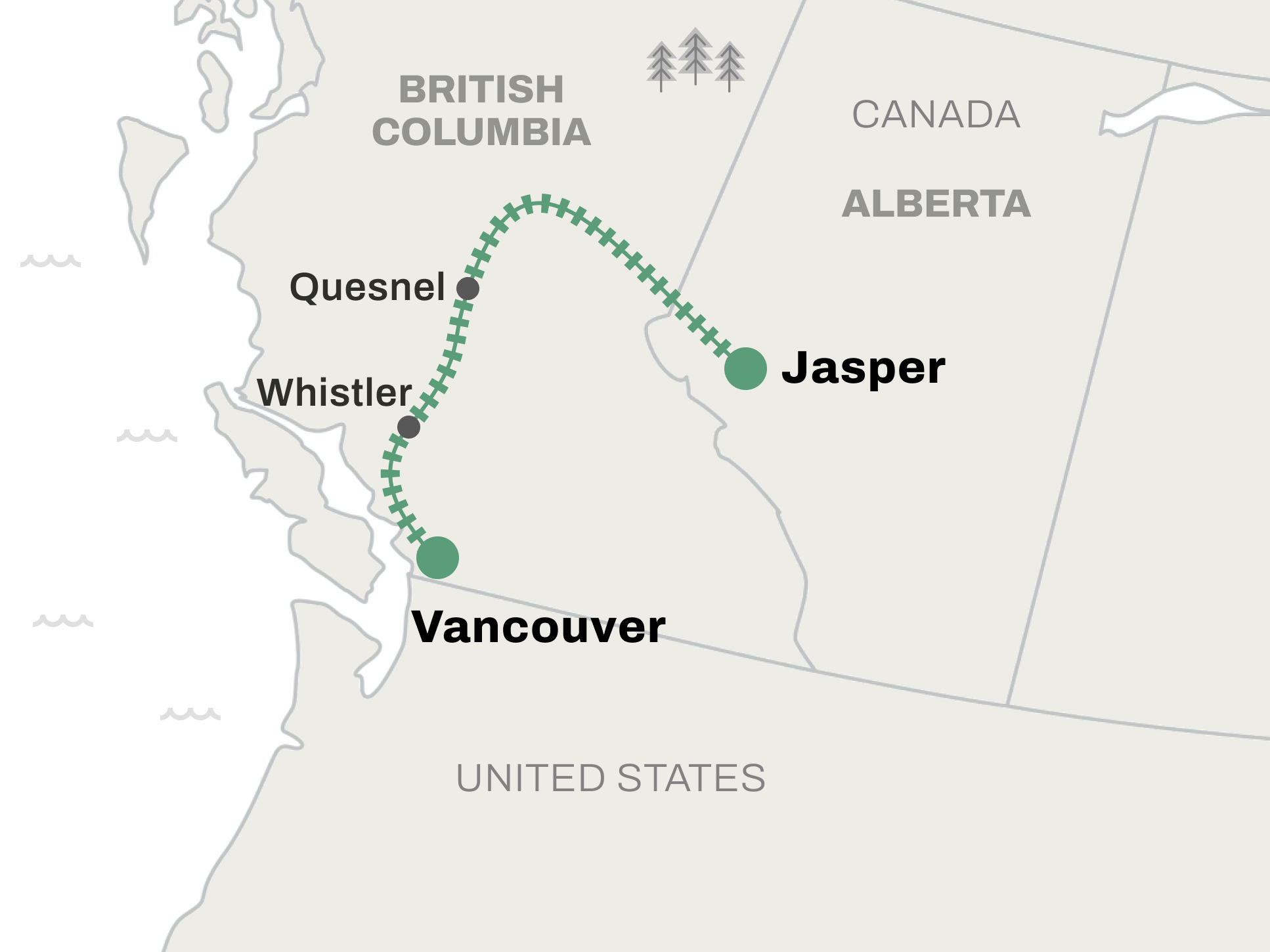 Rocky Mountaineer Rainforest to Gold Rush route map