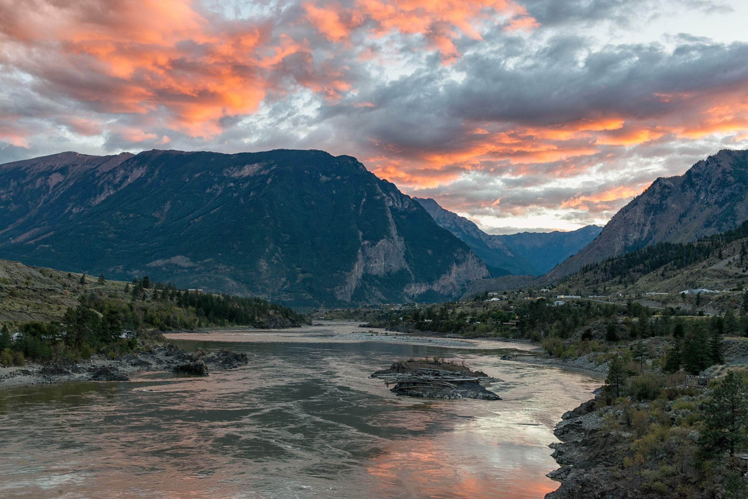 mountain sunrise over Fraser River in Lilooet