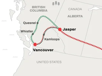 Vancouver to Jasper train route map
