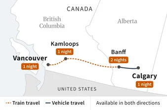 Route map for Vancouver and Banff Extended Getaway