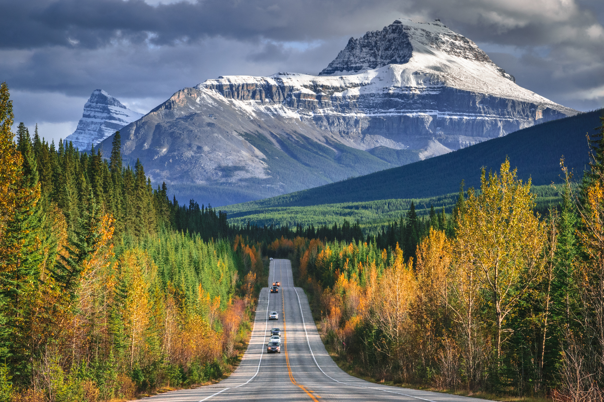 Autumn scenic drive in Canadian Rocky mountains, along the world famous Icefields Parkway (Highway 93), in Alberta province of Canada.