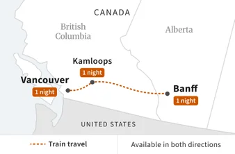 Route map for Vancouver and Banff Getaway