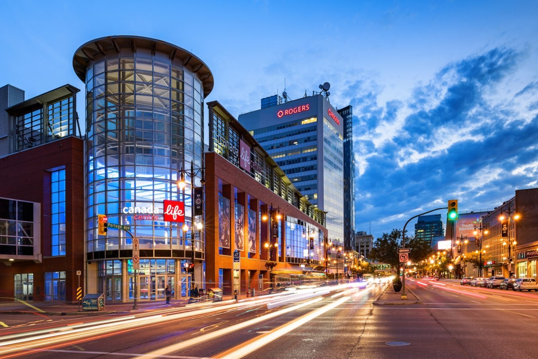 Exterior view of Canada Life entertainment centre at night