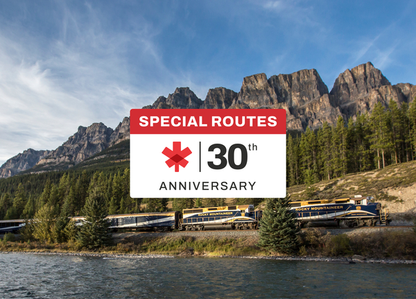 A Rocky Mountaineer Train travels through the mountains with a special offer logo on top